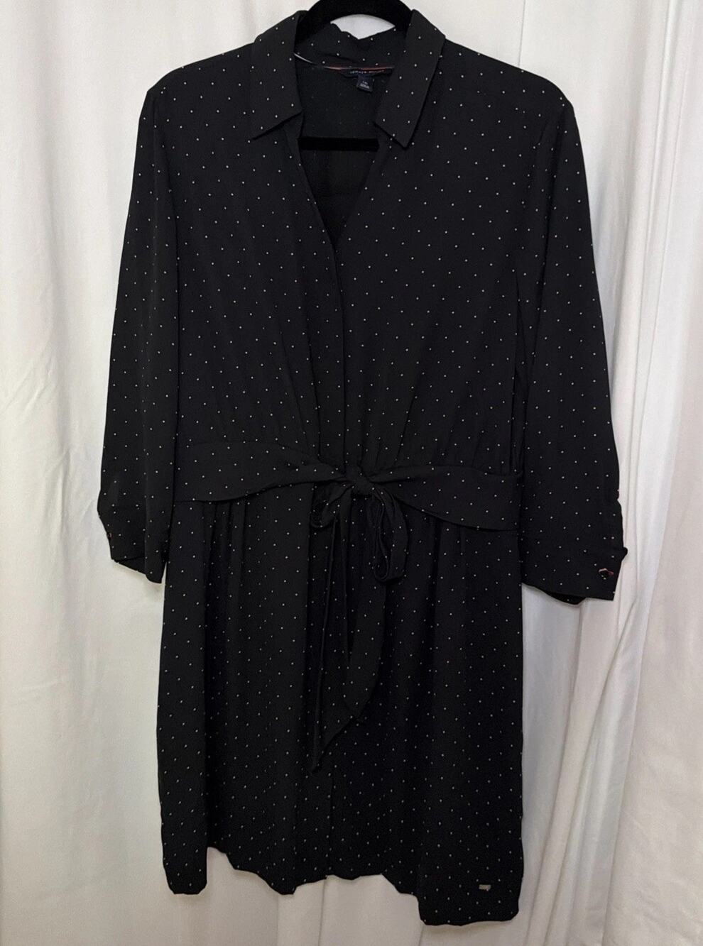 Classic Tommy Hilfiger Black Polka Dot Shirt Dress with Tie Waist Size Large